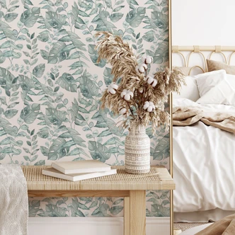 Mustertapete Pflanzen - Dschungelblätter Aquarell Creme - Bloomery Decor 