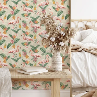 Tropische Mustertapete - Flamingo und tropische Blätter - Bloomery Decor 