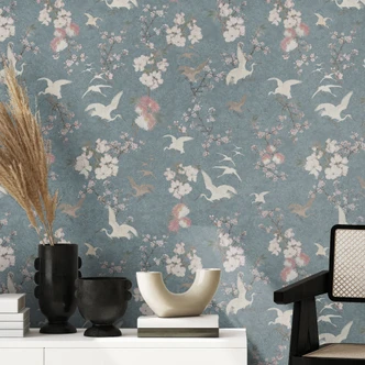Mustertapete Kraniche im Kirschblüten-Rausch Blau - Bloomery Decor 