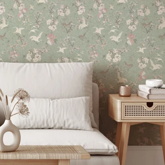 Mustertapete Vogeltapete Kraniche im Kirschblüten-Rausch Grün - Bloomery Decor Mustertapete Vogeltapete Kraniche im Kirschblüten-Rausch Grün - Bloomery Decor