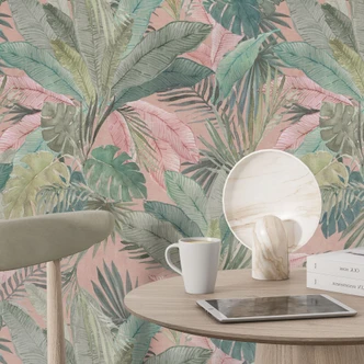 Mustertapete mit Blätter Design - Tropenblätter im Dschungel Rosa - Bloomery Decor 