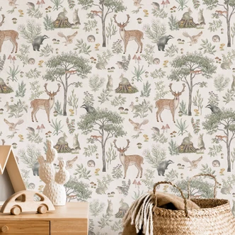 Patroonbehang betoverend bos met dieren - vintage crème - Kikki Belle Patroonbehang betoverend bos met dieren - vintage crème - Kikki Belle