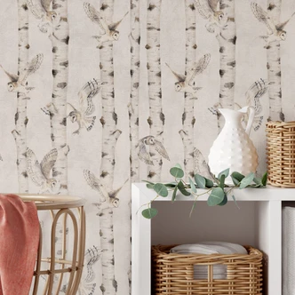 Patroonbehang uilen in een berkenbos - Kikki Belle Patroonbehang uilen in een berkenbos - Kikki Belle