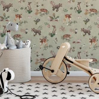 Patroonbehang reekalfjes en bosvriendjes - dieren voor kinderen - groen - Kikki Belle Patroonbehang reekalfjes en bosvriendjes - dieren voor kinderen - groen - Kikki Belle