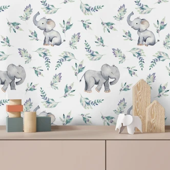 Mustertapete Kinderzimmer - Niedlicher Babyelefant zwischen Boho-Zweigen - UN Designs 