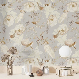 Mustertapete Vögel zwischen weißen Blumen - UN Designs 