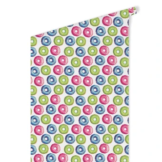 Papier peint à motifs Donuts bleu, vert, rose 