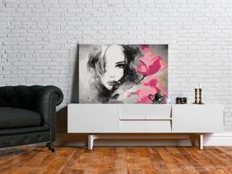 Canvas schilderij - Zwart-wit portret met roze bloem - 50x40 cm - met spieraam - opgespannen 