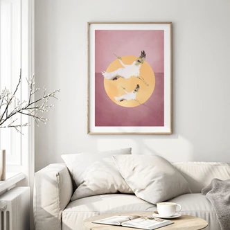 Poster White and gold cranes in a pink sky - Aureous 