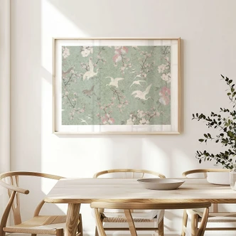 Poster Kraniche im Kirschblüten-Rausch Grün - Bloomery Decor Poster Kraniche im Kirschblüten-Rausch Grün - Bloomery Decor