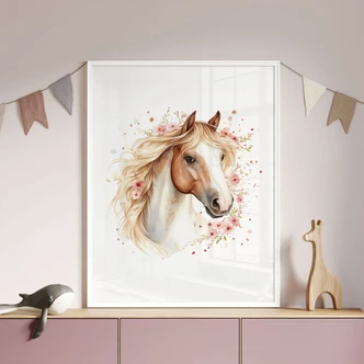 Boho horse poster met delicate bloemen | Romantisch paardenmotief voor de kinderkamer 