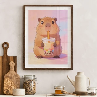 Póster de la guardería de un bebé carpincho con té de burbujas 