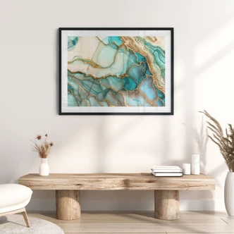 Poster Marmorierte Wellen in Türkis und Gold | Wandkunst für Wohnzimmer - Haase 