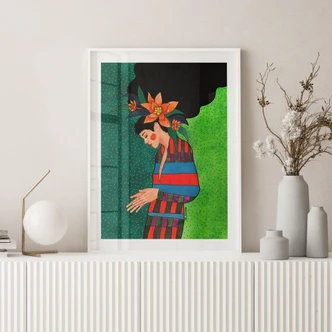 Poster vrouw in gestreepte jurk met oranje bloemen - Hülya Poster vrouw in gestreepte jurk met oranje bloemen - Hülya