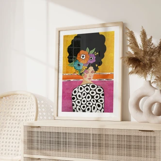 Poster portretschilderij - Vrouw met kleurrijke bloemenkroon - Hülya Poster portretschilderij - Vrouw met kleurrijke bloemenkroon - Hülya