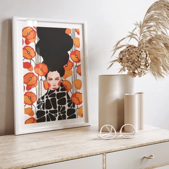 Poster Frau mit Retro-Mohnblumen | Porträtkunst für das Wohnzimmer - Hülya 