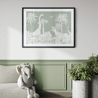 Póster Mundos primitivos verdes - Dinosaurios bajo las palmeras - Kikki Belle 