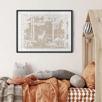 Póster Bosque otoñal con ciervos y zorros - Marrón - Kikki Belle 