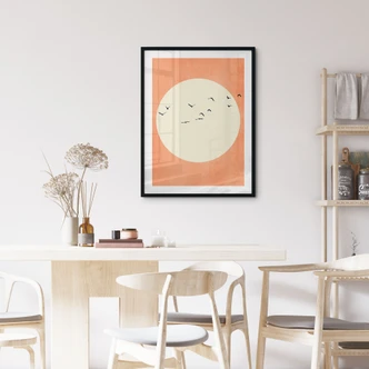 Plakat Sværm af fugle foran den varme sol - Kubistika Plakat Sværm af fugle foran den varme sol - Kubistika