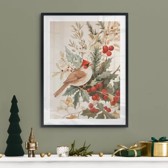 Poster vintermotiv - Kardinalfågel med bärgren - Melloi Art Prints 