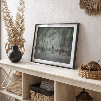 Poster foresta di nuvole al lago con airone in verde - Ms Tiff 