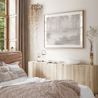 Poster Bos bij het meer in mist in beige - Ms Tiff 