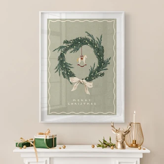 Poster voor de woonkamer - Kerstkrans met hobbelpaard - NKTN Poster voor de woonkamer - Kerstkrans met hobbelpaard - NKTN