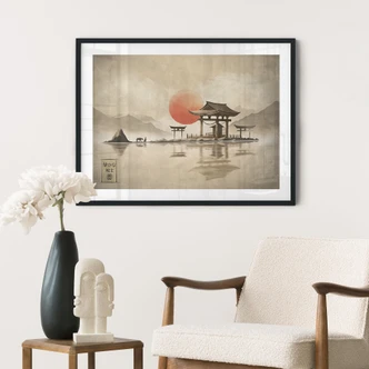 Poster Japanse tempel bij zonsopgang - Roze Poster Japanse tempel bij zonsopgang - Roze