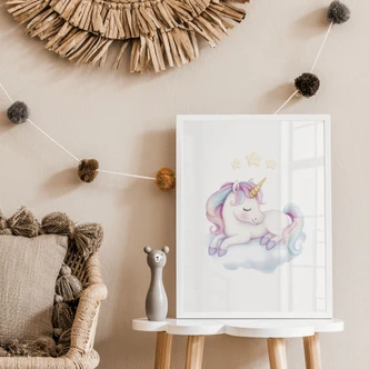 Poster Licorne endormie avec des étoiles | Douce créature mythique pour la chambre d'enfant Poster Licorne endormie avec des étoiles | Douce créature mythique pour la chambre d'enfant