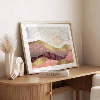 Poster SpaceFrog Designs - Roze Zon en Bergen 