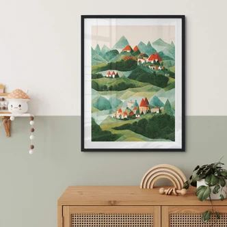 Barnposter Treechild - Liten by mitt bland gröna kullar 