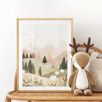 Poster pastello paesaggio montano con fiori - Treechild 