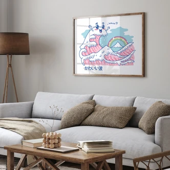 Poster Kawaii Welle mit Regenbogen und Berg Fuji - Trinidad 