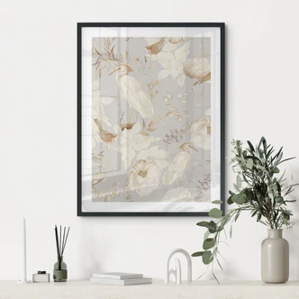 Poster fåglar bland vita blommor - UN Designs 