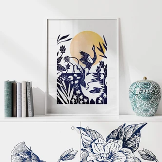 Poster Goed Blauw - Linolschnitt Kranich 