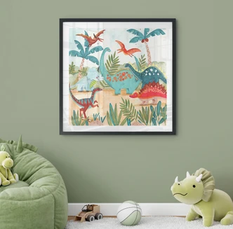 Póster infantil Dinosaurios de colores en el bosque primitivo - Bonne Müller - Cuadrado 