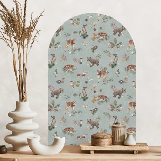 Muursticker rond boog wandpaneel reekalf en bosvrienden - blauw - Kikki Belle - breed Muursticker rond boog wandpaneel reekalf en bosvrienden - blauw - Kikki Belle - breed