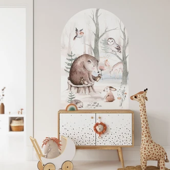 Muursticker ronde boog wandpaneel dierenvrienden in het bos - Kvilis - breed Muursticker ronde boog wandpaneel dierenvrienden in het bos - Kvilis - breed
