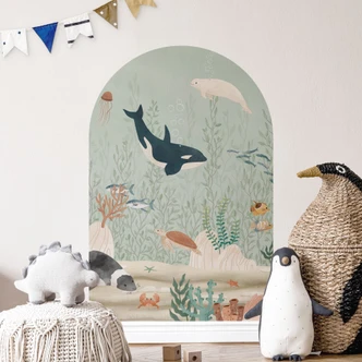 Adesivo murale ad arco tondo con animali marini nelle profondità dell'oceano - Oliver Robins - wide Adesivo murale ad arco tondo con animali marini nelle profondità dell'oceano - Oliver Robins - wide