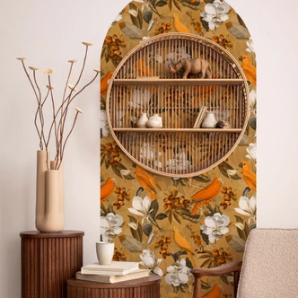 Muursticker rondboog wandpaneel tropisch in oker - UN Design - smal Muursticker rondboog wandpaneel tropisch in oker - UN Design - smal