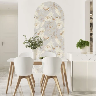 Muursticker ronde boog muurpaneel vogels tussen witte bloemen - UN Design - smal Muursticker ronde boog muurpaneel vogels tussen witte bloemen - UN Design - smal