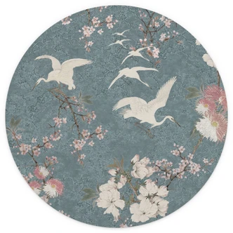 Papel Pintado Grullas azules en flor de cerezo - Bloomery Decor - Redondo - Autoadhesivo/no tejido Papel Pintado Grullas azules en flor de cerezo - Bloomery Decor - Redondo - Autoadhesivo/no tejido