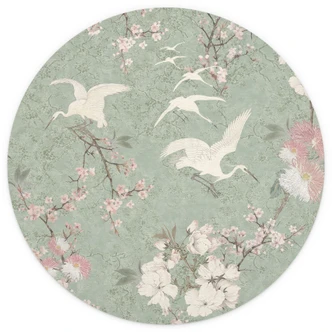 Fotomural - Grullas en flor de cerezo verde frenesí - Decoración Floral - Redondo - Autoadhesivo/no tejido Fotomural - Grullas en flor de cerezo verde frenesí - Decoración Floral - Redondo - Autoadhesivo/no tejido
