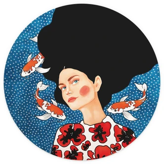 Wall Mural Woman in a flower dress with koi - Hülya - Round - Self-adhesive/non-woven 