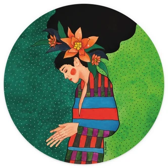 Fotomural Mujer con vestido a rayas y flores naranjas - Hülya - Redondo - Autoadhesivo/no tejido Fotomural Mujer con vestido a rayas y flores naranjas - Hülya - Redondo - Autoadhesivo/no tejido