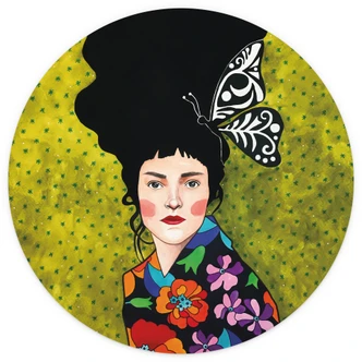 Fotomural Mujer con mariposa en el pelo - Hülya - Redondo - Autoadhesivo/no tejido Fotomural Mujer con mariposa en el pelo - Hülya - Redondo - Autoadhesivo/no tejido