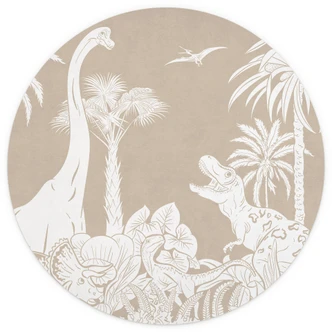 Fotobehang Dinosaurussen in de wilde jungle - Bruin - Kikki Belle - Rond - vliesbehang/zelfklevend vliesbehang Fotobehang Dinosaurussen in de wilde jungle - Bruin - Kikki Belle - Rond - vliesbehang/zelfklevend vliesbehang