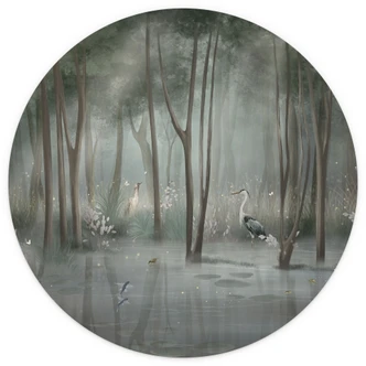 Tågeskov ved søen med fiskehejre i grønt - Ms Tiff - Rund - Selvklæbende/ikke-vævet 