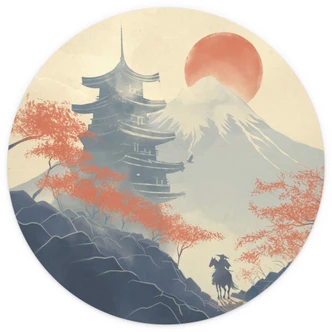 Zonsopgang bij de Pagode | Japan Kunst - Roze - Rond behang - vliesbehang/zelfklevend vliesbehang 
