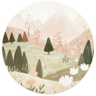 Fototapete Pastell Berglandschaft mit Blumen - Treechild - Rund - Selbstklebend/Vlies 